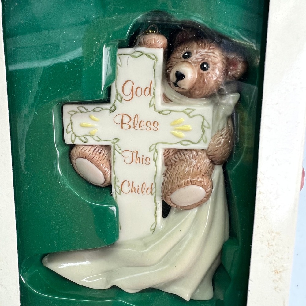 Kurt‎ S Adler Porcelain Teddy Bear Cross Ornament God Bless This Child Religious